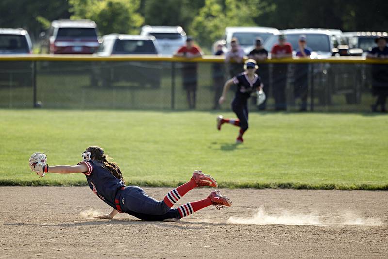 West Central shortstop Shelby Bowman makes a diving catch on a line drive Wednesday, May 24, 2023 during a Class 1A sectional semifinal against Morrison at St. Bede Academy.