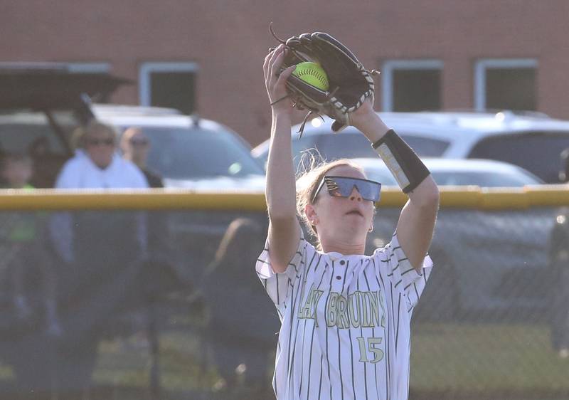 St. Bede's left fielder Leah Griggs makes a catch against Illinois Valley Cenral during the Class 2A Regional final on Friday, May 23, 2025 at St. Bede Academy.