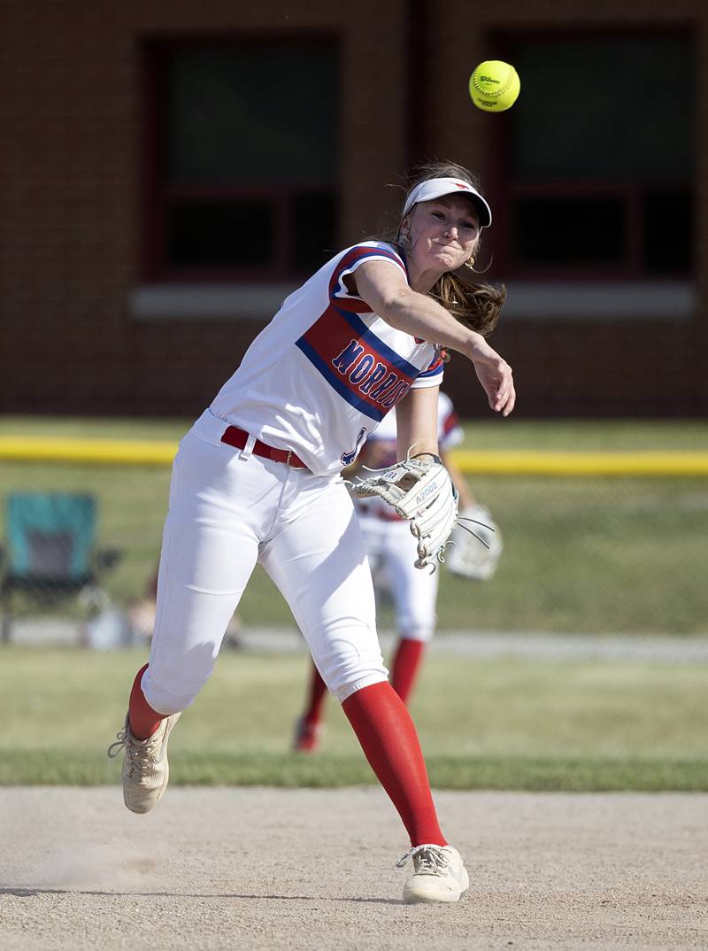 Morrison’s Elle Miles throws to first for an out against Erie-Prophetstown Thursday, May 14, 2026.