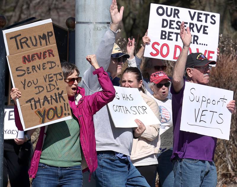 Protesters wave at passing cars on the corner of State and Main Street as they voice their displeasure with President Donald Trump Friday, March 14, 2025, in Sycamore. The group was protesting recent cuts by the Trump administration to the Department of Veterans Affairs.
