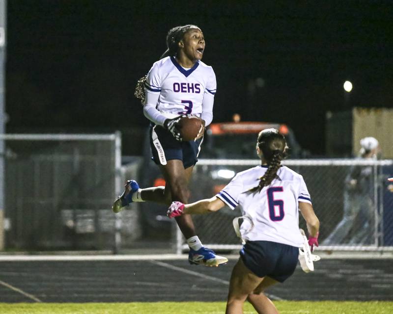 Oswego East's Avaya Kittling-turner (3) reacts after scoring  the winning touchdown during Oswego East Regional Final flag football game between St. Charles North at Oswego East Thursday, Oct 9, 2025 in Oswego.