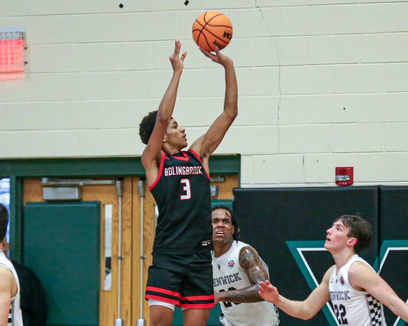 Bolingbrook's Davion Thompson (3) shoots a jumper during their Jack Tosh Holiday Classic basketball tournament Championship game between Fenwick at Bolingbrook. Tuesday Dec 31, 2024 in Elmhurst.