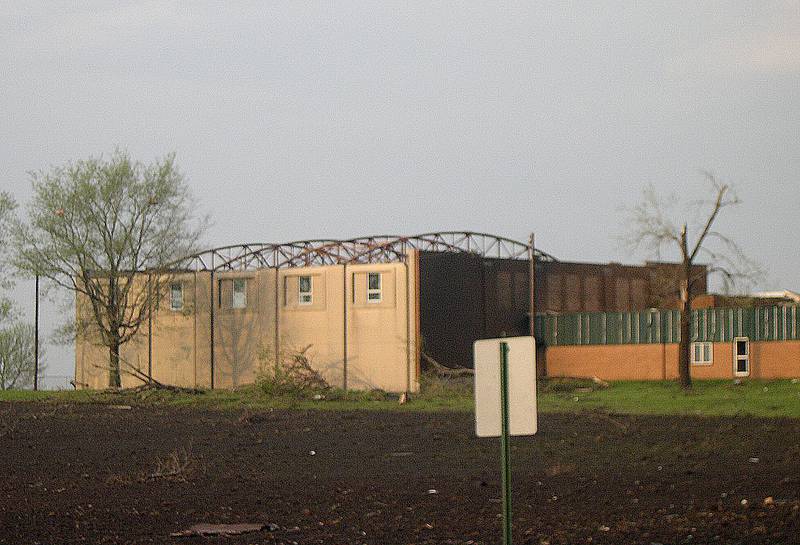 A view of the destruction of the gymnasium roof on Tuesday, April 20, 2024 at the Primary School in Granville.