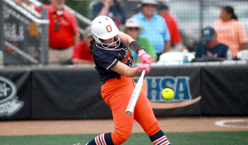 Oswego's Rikka Ludvigson gets a hit during a IHSA Class 4A state semifinal game against Oak Park-River Forest on Friday, June 13, 2025 at the Louisville Slugger Sports Complex in Peoria.