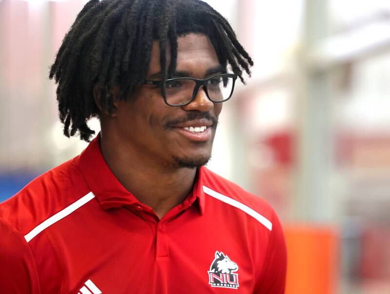 Northern Illinois University defensive end Roy Williams answers a question Tuesday, Aug. 6, 2024, during NIU fall sports media day in the Barsema Hall of Champions at NIU in DeKalb.