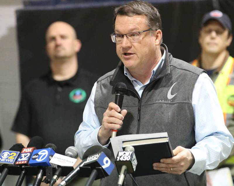 Allen Gibbs, vice president of operations at Carus addresses the media at the Grove Center regarding the Carus Chemical fire on Thursday, Jan. 12, 2023 in La Salle.