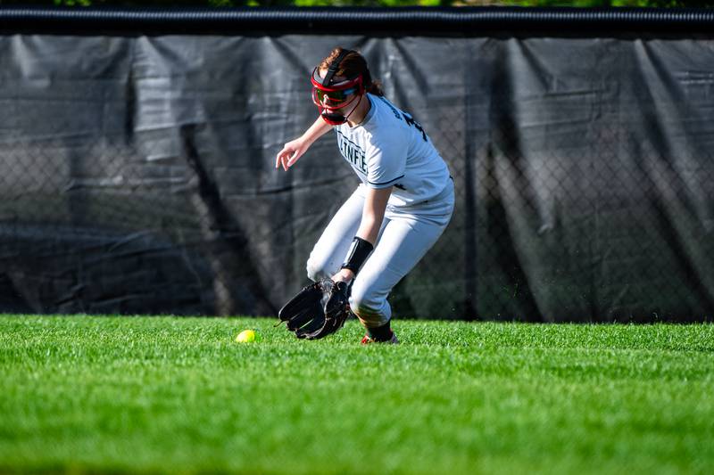 Plainfield Central's Ava Sommerfeld fields a ball during a game against Lincoln-Way West on Friday May 3, 2024 at Lincoln-Way West in New Lenox