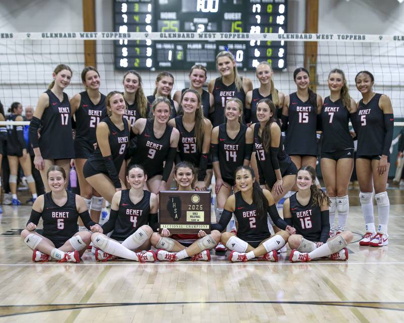 Benet poses with the Class 4A Glenbard West Sectional final plaque after defeating St Charles North. Nov 6, 2025 in Glen Ellyn.