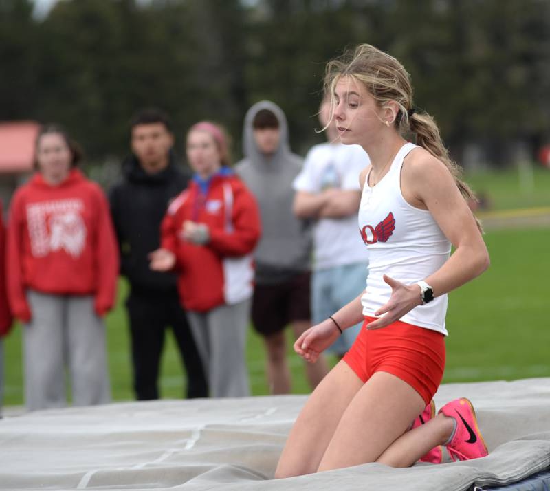 Oregon's Grace Tremble reacts after hitting the bar during the high jump competition at the Landers-Loomis Invitational track meet on Friday, April 25, 2025 held at Oregon High School. She finished fourth in the event.