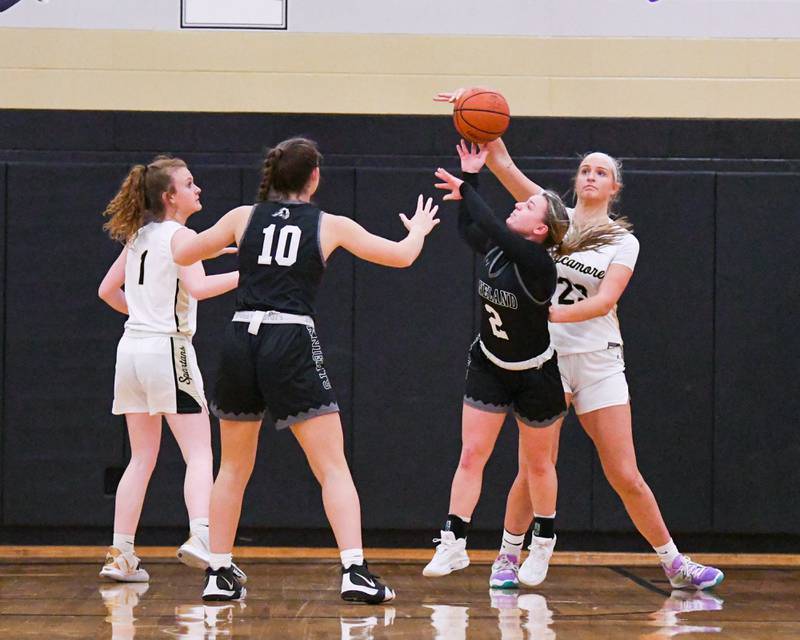 Kaneland Kailey Plank (2) gets her pass blocked by Sycamore Evyn Carrier (23) during the first quarter Thursday Feb. 2nd at Sycamore High School.