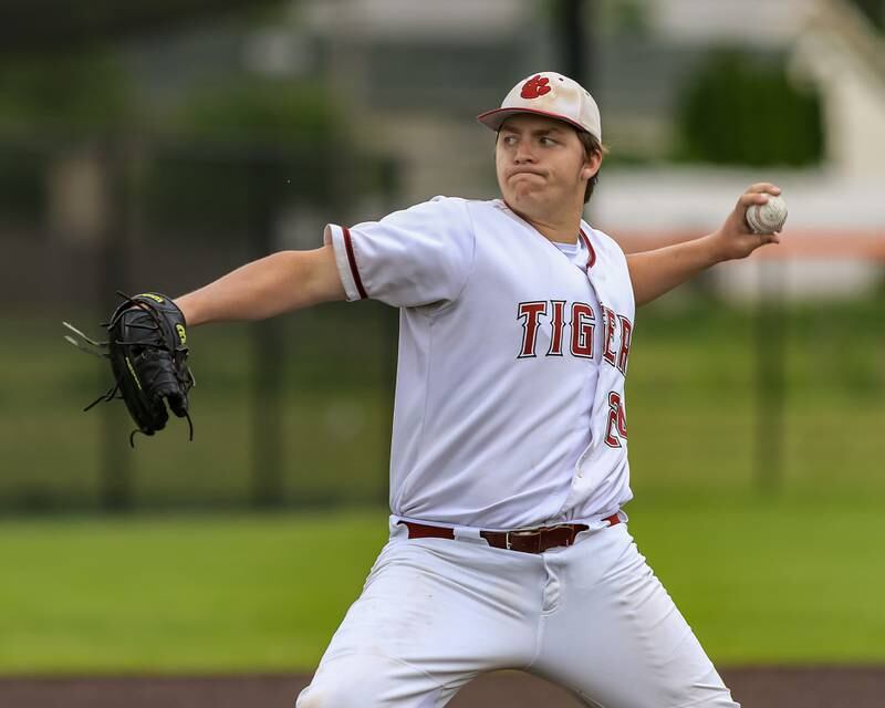 Plainfield North's Ethan Sam (25) delivers a pitch during the Class 4A Romeoville Sectional final game between Plainfield North at Oswego.  June 4, 2022.
