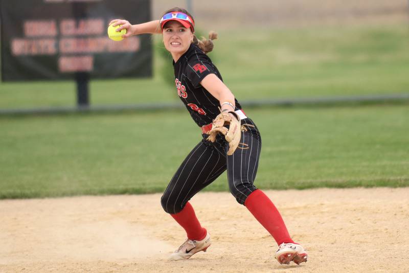 Bradley-Bourbonnais' Shannon Lee throws to first base during the Class 4A Normal Community Regional championship against Normal Community Friday, May 22, 2026.