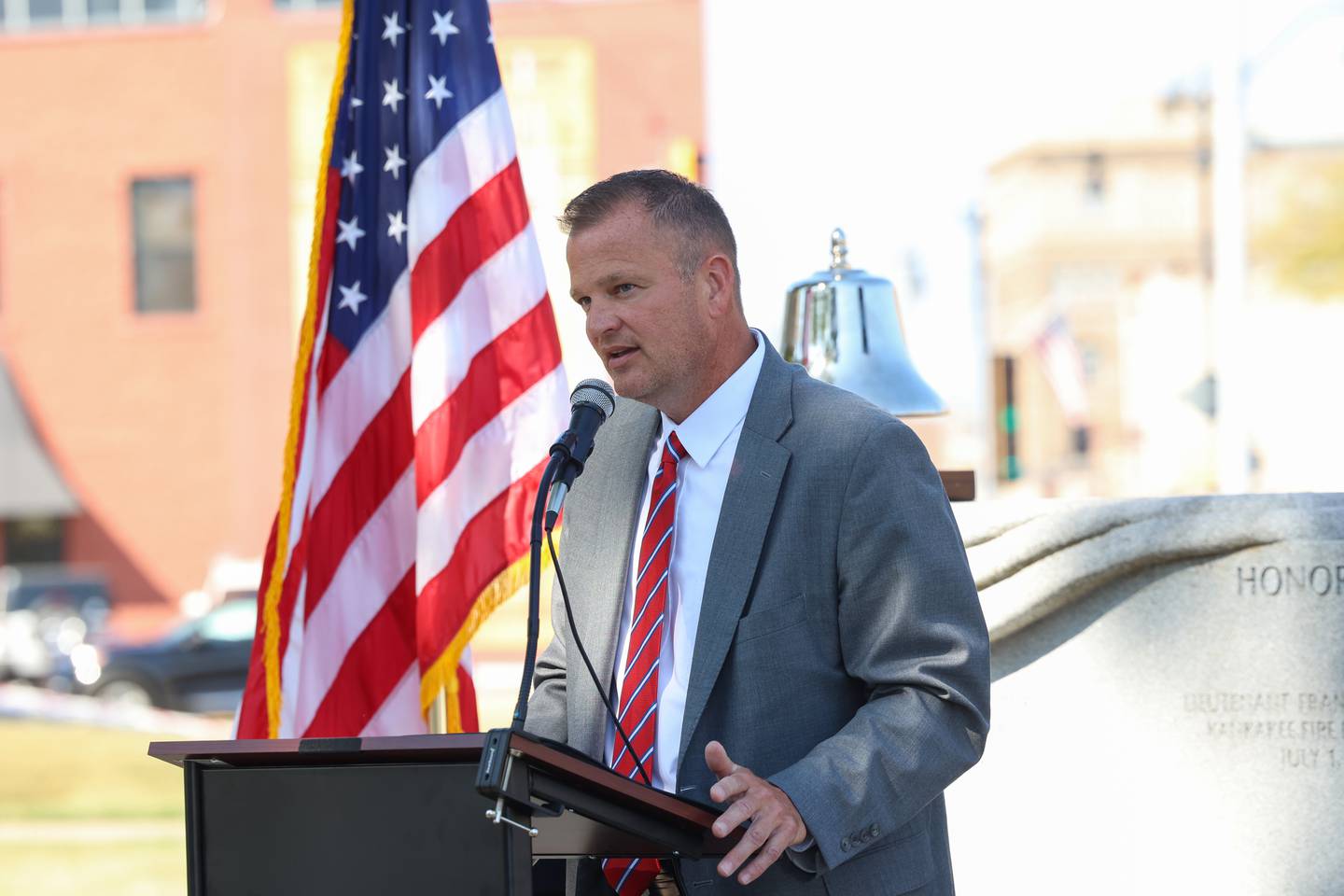 Kankakee County State's Attorney Jim Rowe gives remarks during the 44th Kankakee County Fallen Firefighter Memorial Service on Friday, Oct. 3, 2025.