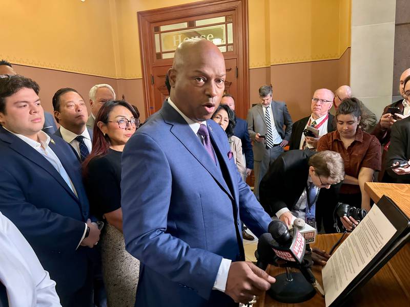 Illinois House Speaker Emanuel "Chris" Welch decries the federal government's Chicago immigration crackdown tactics and vows his Democratic caucus will adopt resolutions to condemn them in this Wednesday, Oct. 15, 2025 image at the state Capitol in Springfield, Il. (AP Photo John O'Connor)