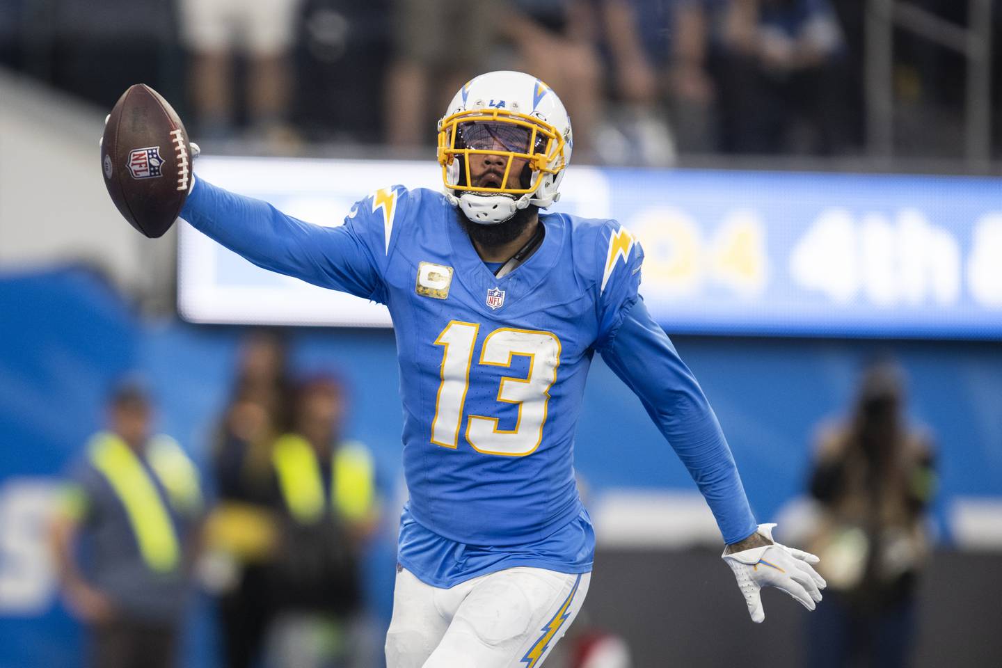 Los Angeles Chargers wide receiver Keenan Allen reacts on his touchdown against the Detroit Lions, Sunday, Nov. 12, 2023, in Inglewood, Calif.