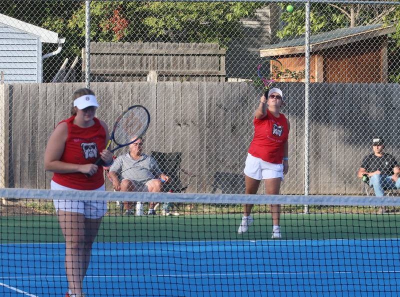 Streator doubles team of Joyce Walking and Madelyn Wahl play tennis against Kankankee on Monday, Sept. 30, 2024 at Streator High School.