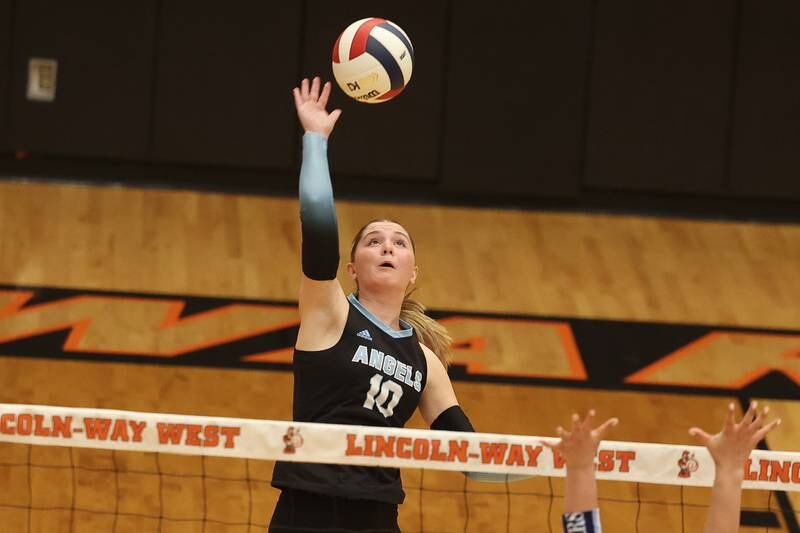 Joliet Catholic’s Olivia Emerson goes for the kill against Plainfield South in the Class 4A Lincoln-Way West Regional semifinal on Tuesday, Oct. 29, 2024 in New Lenox.