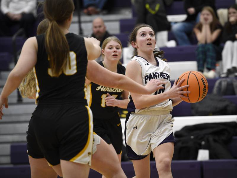 Manteno's Hannah Stritar makes a break toward the net in a game against Herscher on Thursday, January 15, 2026.