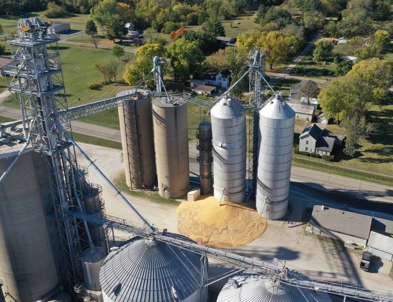 Some corn leaks out of a grain bin during a partial collapse at Rumbold & Kuhn Inc. on Tuesday, Oct. 15, 2024 in Putnam.
