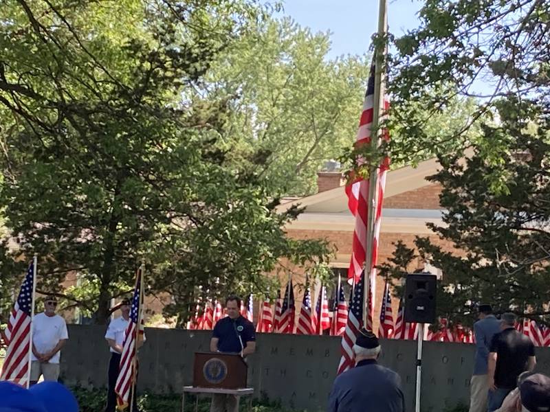 Geneva Mayor Kevin Burns speaks at the city's Memorial Day ceremony at Wheeler Park May 29, 2023.