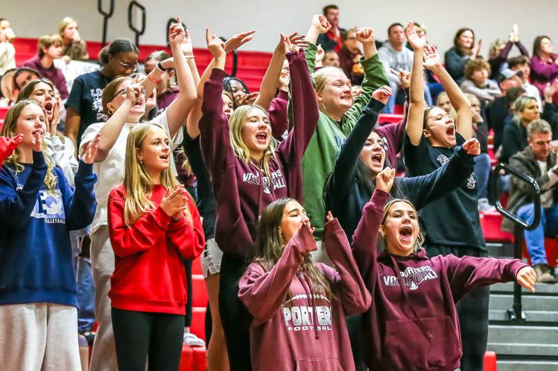 The Lockport student section cheers on the team during Class 4A Bolingbrook Sectional final match between Lockport at Oswego.  Nov 7, 2024  in Bolingbrook.