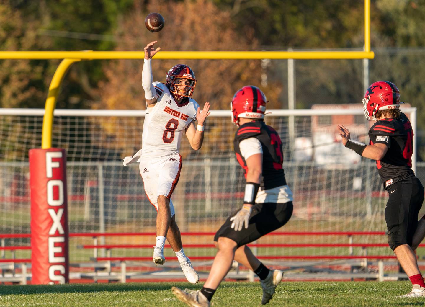 Brother Rice's Jack Launch (8) passed the ball against Yorkville during a a 7A state football playoff game at Yorkville High School on Saturday, Nov. 6, 2021.