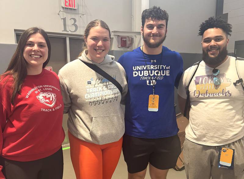 Four local track athletes pose for a photo after competing at the NCAA Division III finals in Rochester, New York. Competing in the shot put, were (left to right),  Jenae Bothe, Brenna Noon, Zack Sanford, and DreAnthony Jackson. Bothe and Noon competed for Oregon High School during their high school careers. Sanford competed for Rochelle High School and Jackson competed for Dixon.