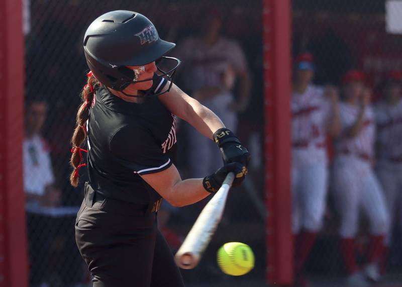 Huntley’s Lana Hobday makes contact against Barrington in IHSA Class 4A Sectional Title Game softball action at the Fields of Dreams on the campus of Barrington High School in Barrington on Friday, June 6, 2025.