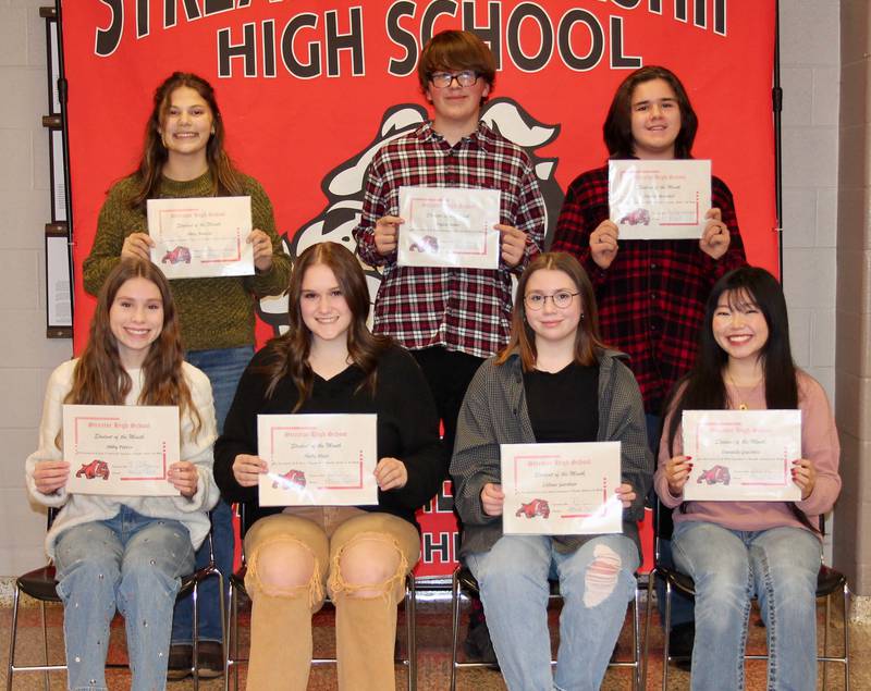 Streator High School named its students of the month for November 2022. They are: (left to right, first row) Abby Pierce (Career and Technical Ed Department); Holly Hagi (Science Department); Lillian Gardner (Fine Arts/Social Studies Department) and Danielle Giacinto (Math Department); (left to right, second row): Abby Mascal (Health & Fitness/P.E./Drivers Ed Department); Dylan Beins  (English/Foreign Language Department) and Hunter Kendall (Guided Program for Success Department). Not pictured are Ellie Isermann (English/Foreign Language Department); Neveigha Raices(Fine Arts/Social Studies Department) and Haley Stillwell (Student Services Department).