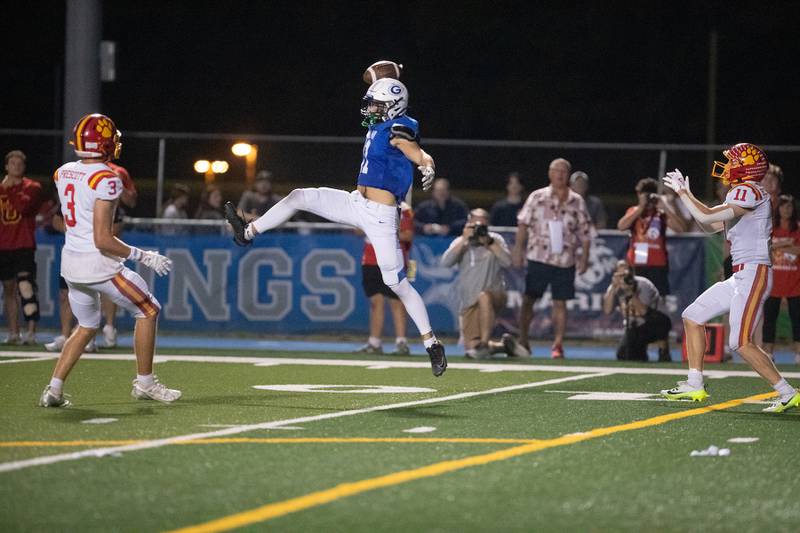 Geneva's Brian Waters makes the jumping interception against Batavia on Friday, Oct. 3, 2025 in Geneva.