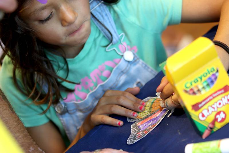 Vanessa Cabrera, 8, of Crystal Lake concentrates on her coloring work during Monarchs and Music at Crystal Lake Main Beach Sunday.