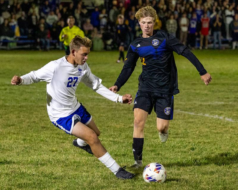 Matthew Badal (27) of Hinckley-Big Rock controls ball during the Little Ten Conference Championship match on Thursday, Oct. 9, 2025 at Hinckley-Big Rock School in Hinckley.