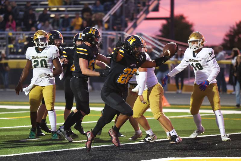 Herscher's Alek Draper runs in a touchdown Tigers' 45-28 loss to Bishop McNamara on Friday, Sept. 5, 2025.