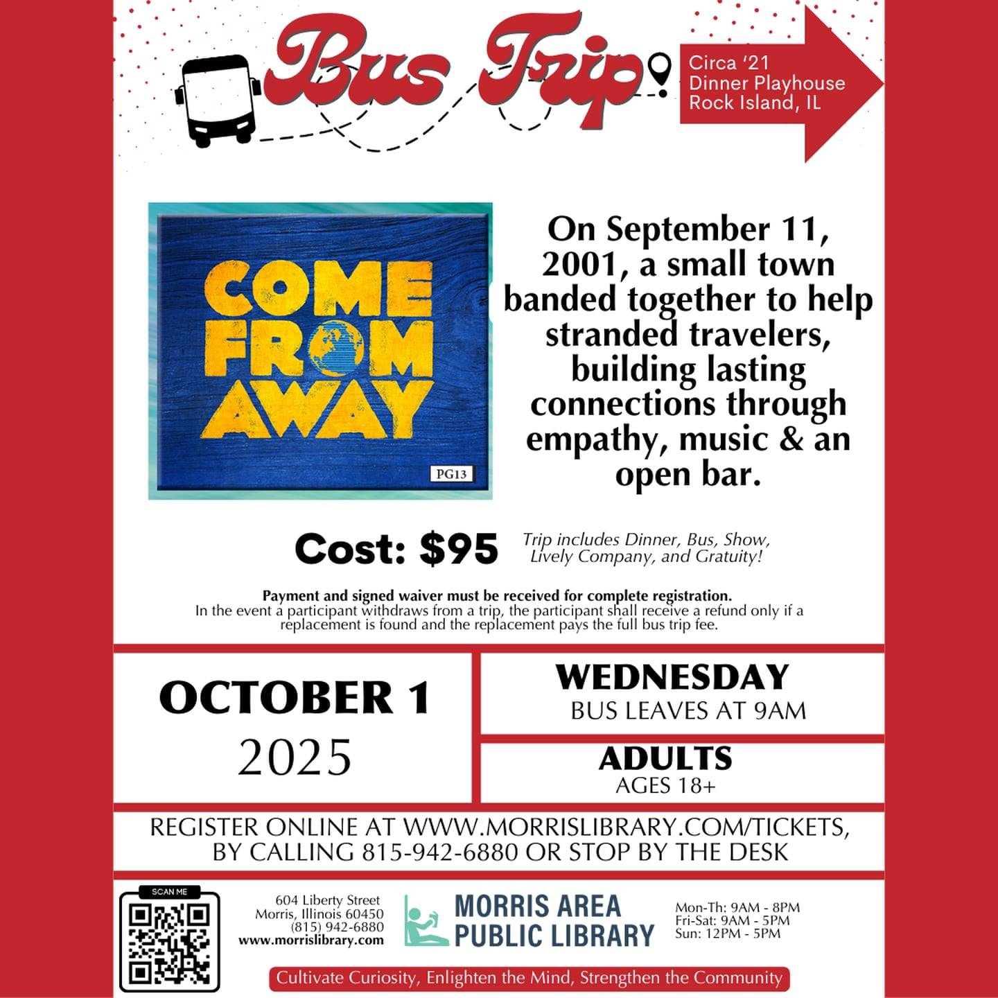 The flyer for the Morris Area Public Library's bus trip on Wednesday, Oct. 1, 2025.