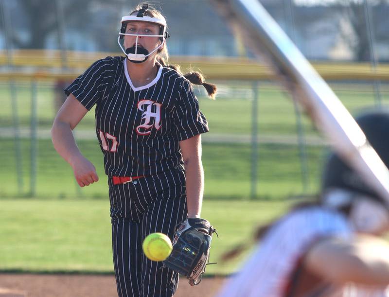 Huntley’s Juliana Maude delivers against McHenry in varsity softball at Huntley Friday.