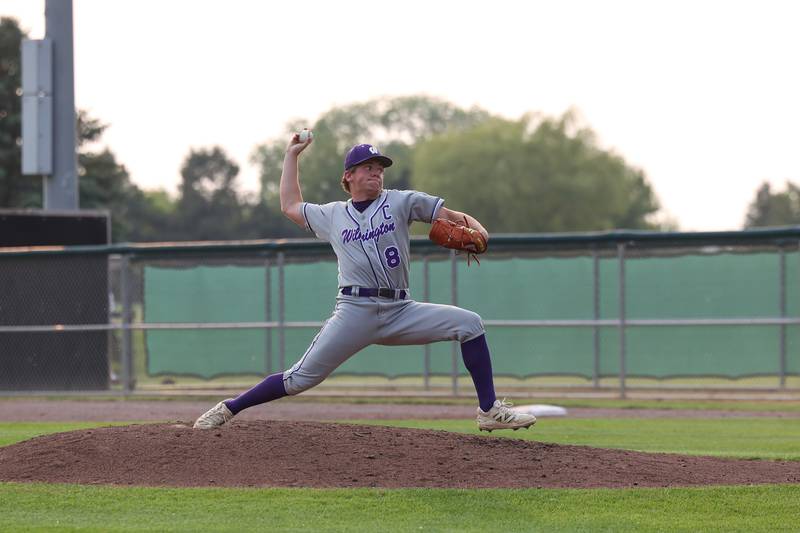 Wilmington senior Kyle Farrell throws a pitch during the Wildcats' 4-0 loss to Eureka in the IHSA Class 2A Geneseo Super-Sectional on Monday, June 2, 2025.