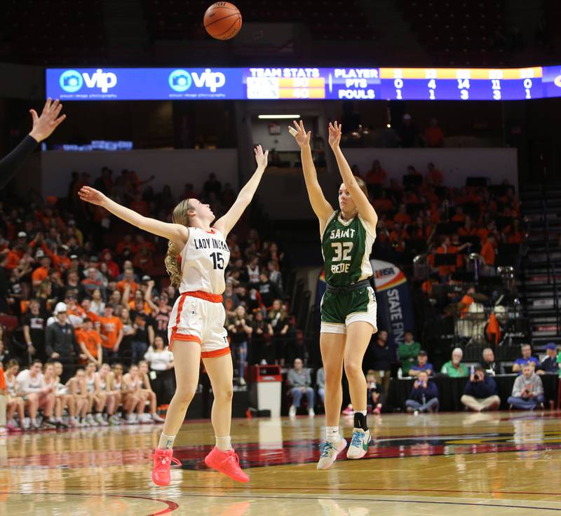 St. Bede's Quinn McClain shoots a jump shot over Altamont's Peyton Osteen during the Class 1A third-place game on Thursday, Feb. 29, 2024 at CEFCU Arena in Normal.