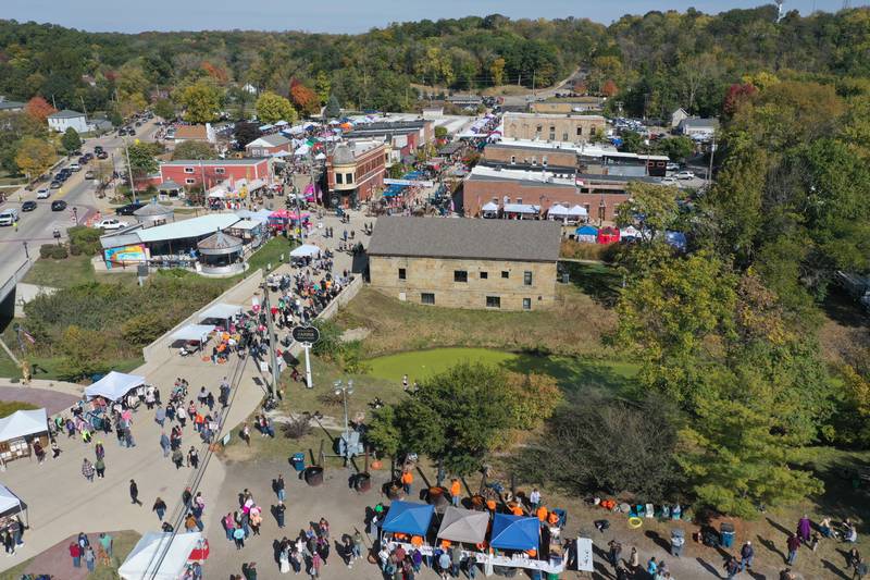 An aerial view of vendors and crowd during the 54th annual Burgoo festival on Sunday, Oct. 13, 2024 downtown Utica.
