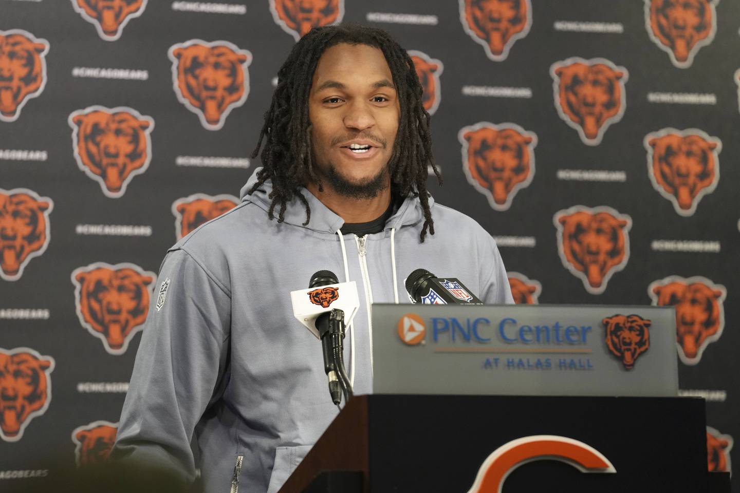 Chicago Bears wide receiver Luther Burden III talks to media members at a news conference after the NFL football team's rookie camp in Lake Forest, Ill., Friday, May 9, 2025. (AP Photo/Nam Y. Huh)