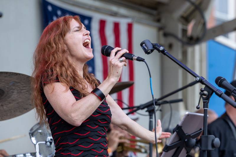 Julie Leuck of “Brass From The Past” sings at the annual Shrimp Fest on Saturday, June 7, 2025 at Rotary Park in Princeton.