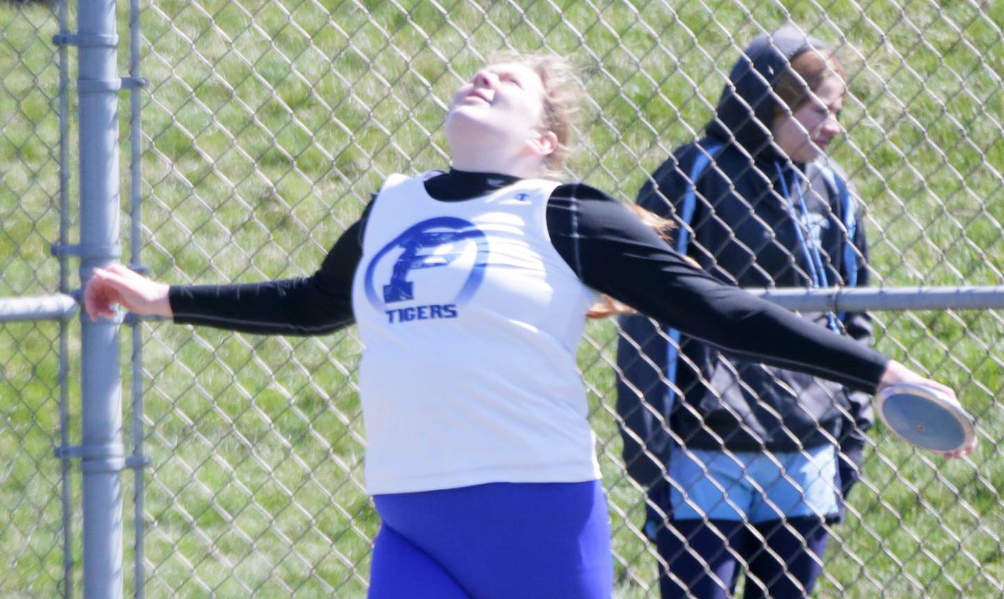 Princeton's Morgan Richards throws the discus during the Rollie Morris Invite on Saturday, April 16, 2022 at Hall High School in Spring Valley. Richards won the girls discus with a throw of 28.68 meters.
