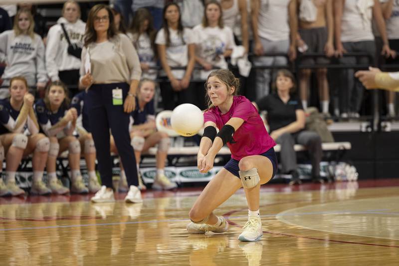 IC Catholic’s Alysa Lawton plays a serve Friday, Nov. 11, 2022 during a class 2A semifinal volleyball game Friday, Nov. 11, 2022 against Freeburg.