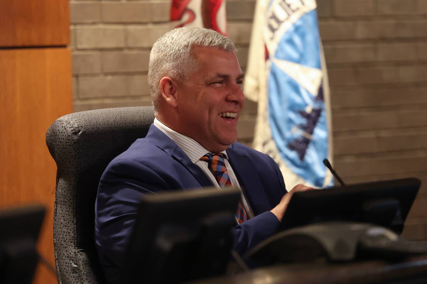 Mayor Bob O’Dekirk has a laugh at his last Joliet City Council Meeting on Tuesday, April 18, 2023 in Joliet.