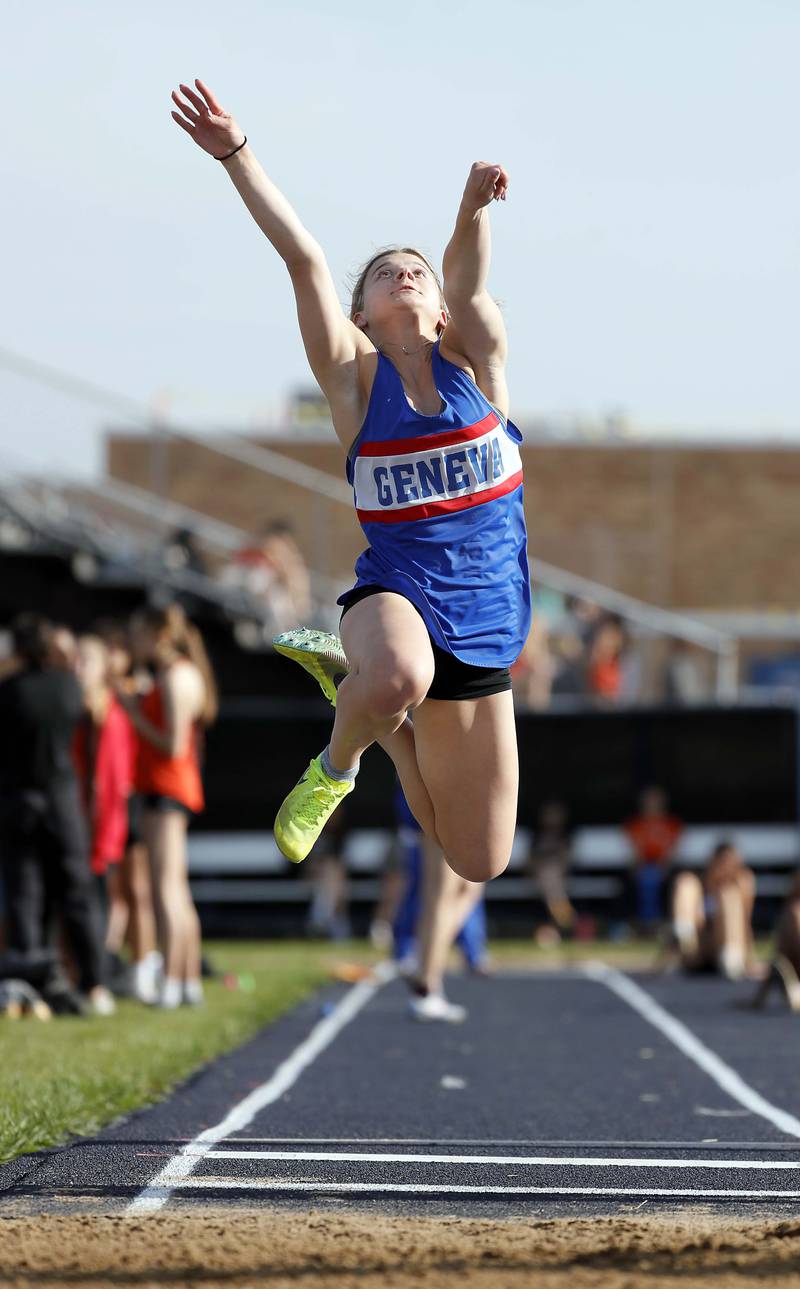Brooke Lussnig, of Geneva competes in the long jump during the Kane County girls track and field meet Thursday April 27, 2023 in Aurora.