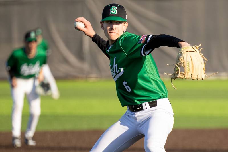 Brady Haines (6) of Seneca pitches on Friday, April 11, 2025 at Seneca High School in Seneca.