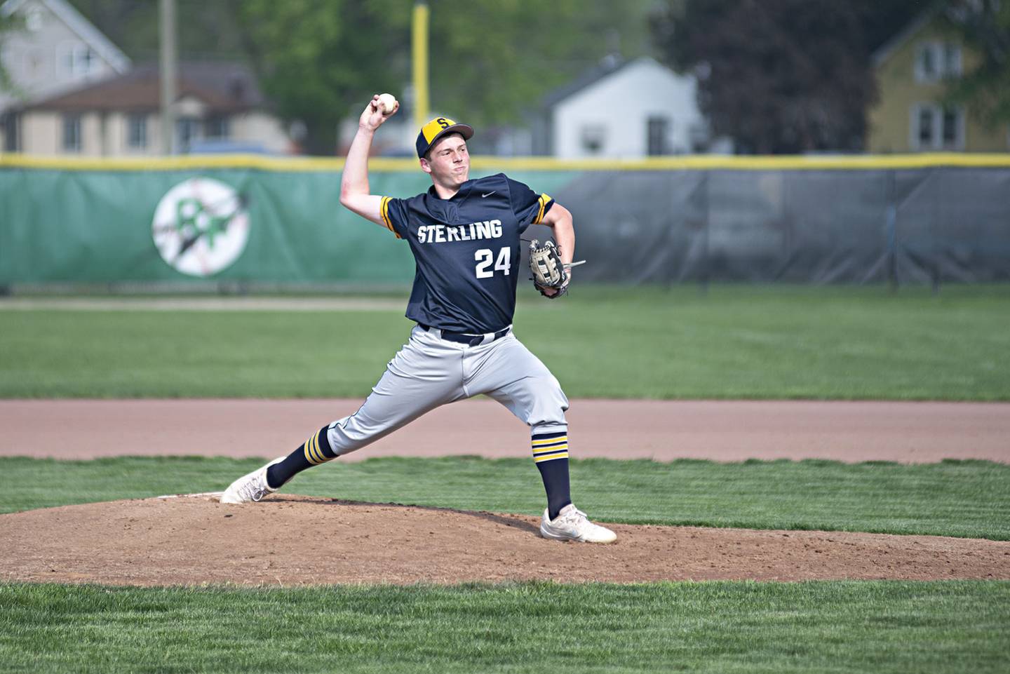 Sterling’s Braden Hartman fires a pitch against Rock Falls Thursday, May 12, 2022.