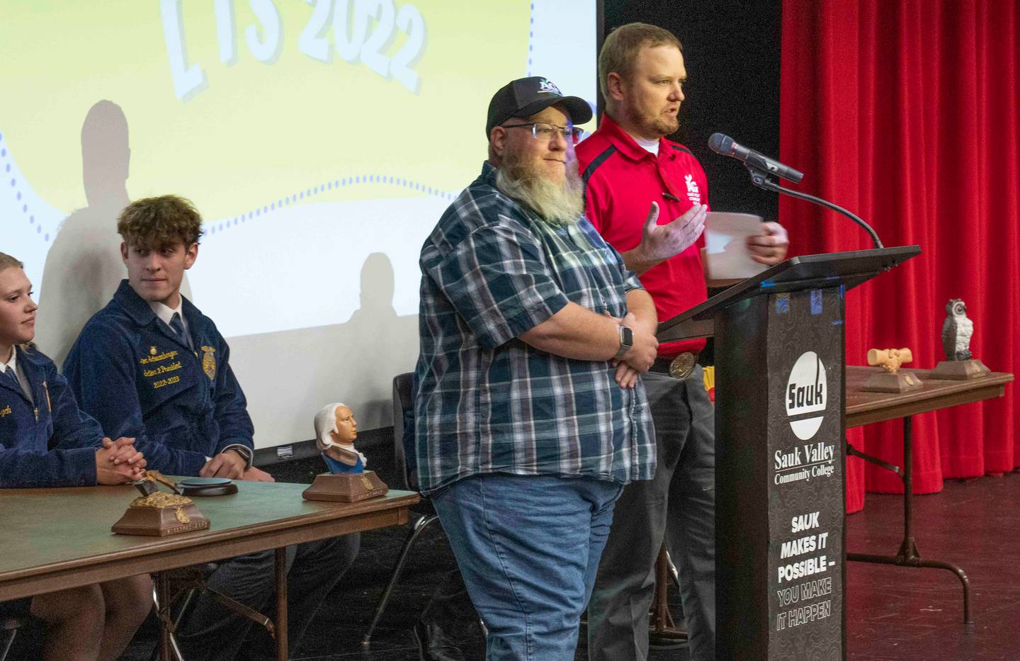 (Left to right); Sauk Valley Community College Ag instructors Michael Selover and Kevin Larsen addressing FFA Section Two students during Leadership Training School.