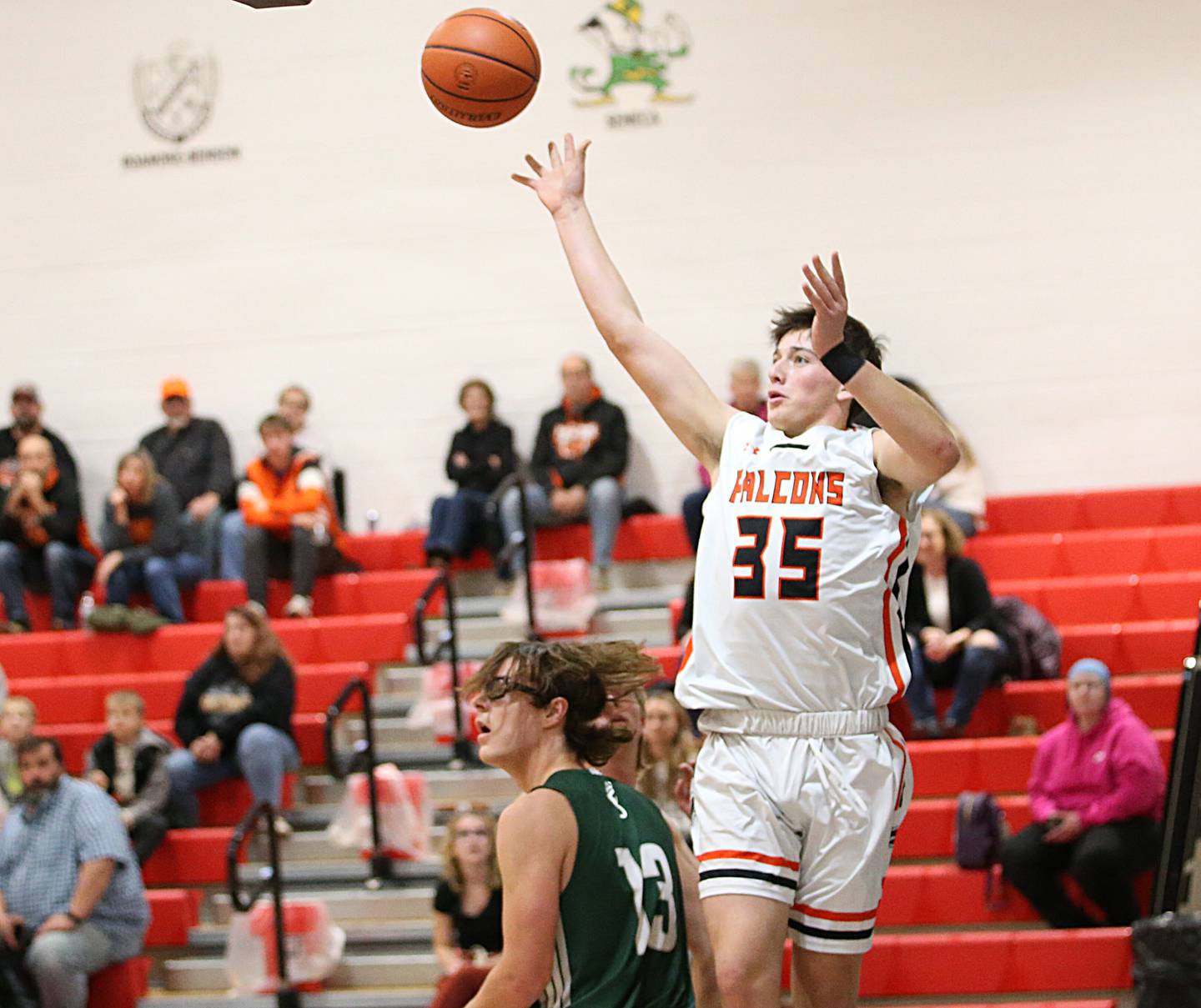 Flanagan-Cornell's Kesler Collins (35) shoots a shot over St. Bede's Landon Jackson (13) during the Route 17 Thanksgiving Classic on Tuesday, Nov. 22, 2022 in Streator.