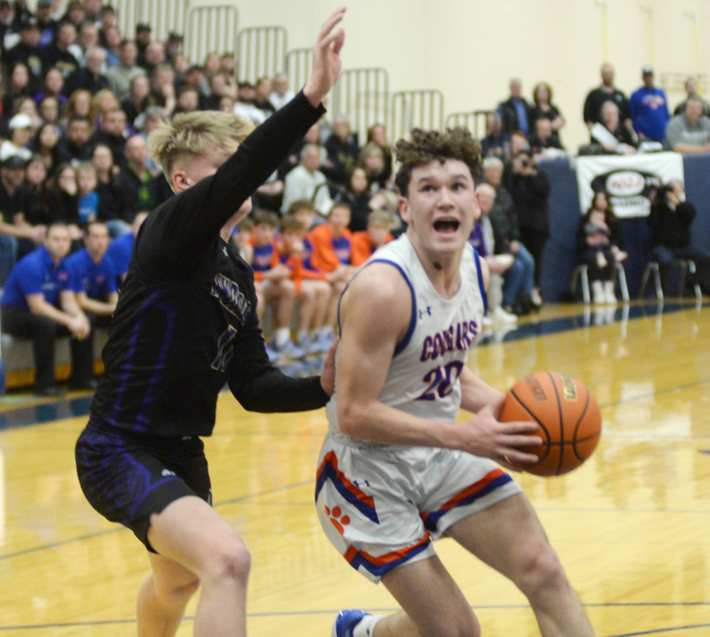 Eastland's Peyton Spears (20) looks to the basket against Pecatonica in the championship game of the 1A River Ridge sectional on Friday, March 1, 2024 in Hanover.