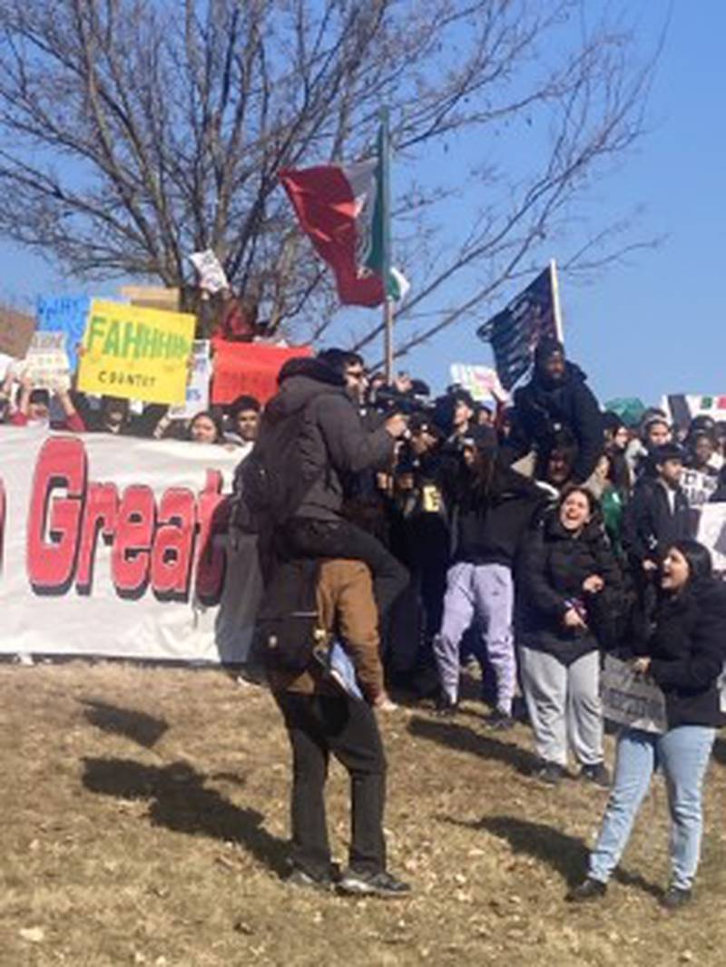 Hundreds of Bolingbrook High School students gathered in front of the Bolingbrook Police Department as part of their march against the actions of Immigration and Customs Enforcement activities across the country on Friday, Feb. 13, 2026.